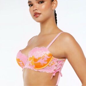 NWT Savage X Fenty | Laced Up Padded Low Balconette Bra Pink&Orange, 38DD